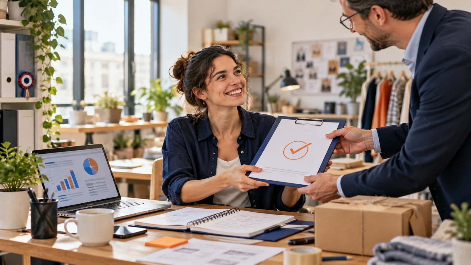 Entrepreneuse recevant un dossier d’aide validé pour lancer son entreprise