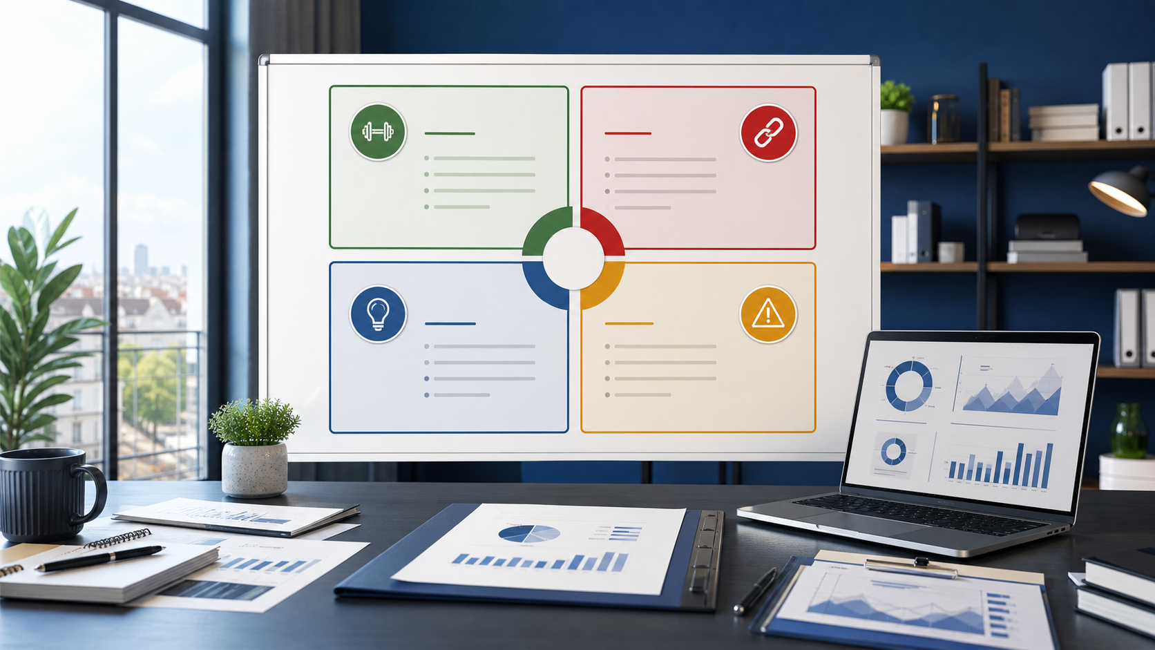 Matrice SWOT présentée sur un tableau stratégique avec graphiques de business plan