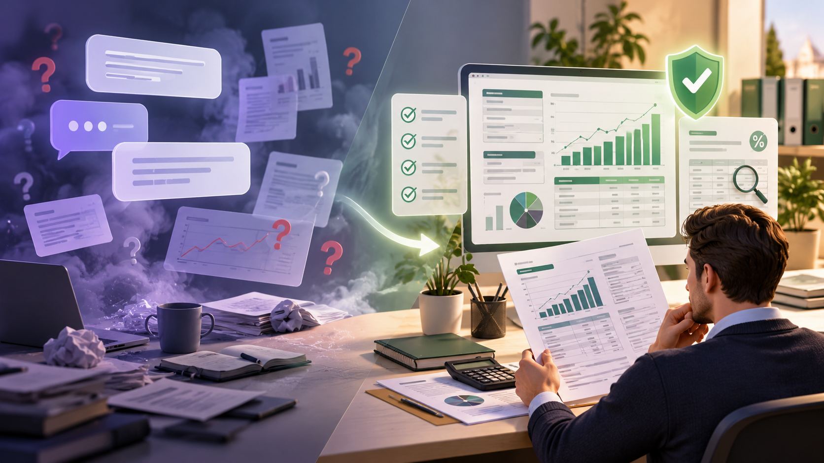 Entrepreneur passant d’une conversation IA incertaine à un prévisionnel financier contrôlé