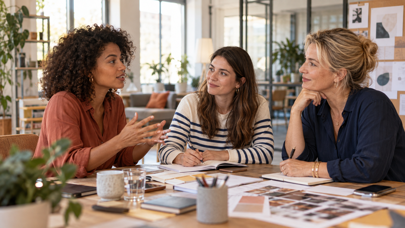 Trois entrepreneures échangeant pendant une séance de mentorat
